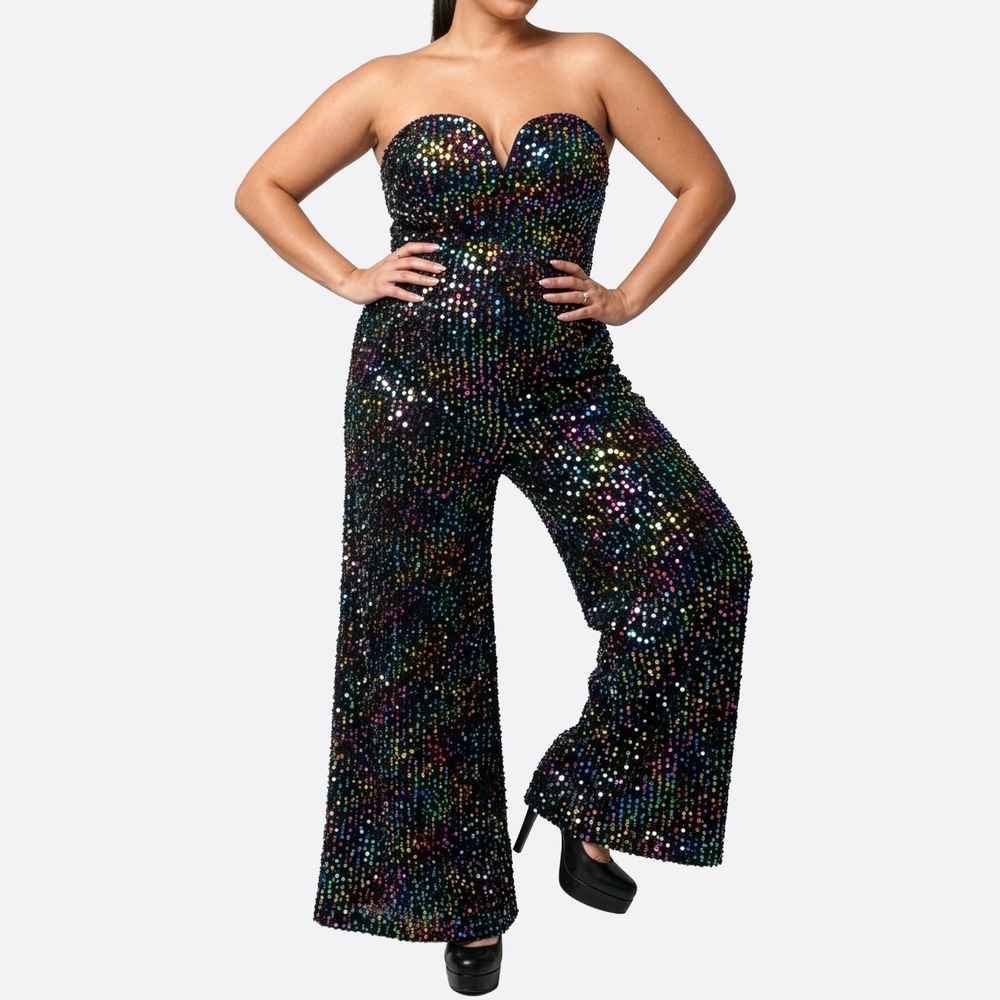 Fashion Nova Sequin Wide Leg Jumpsuit Multi Strapless Sweetheart Large 0X Party